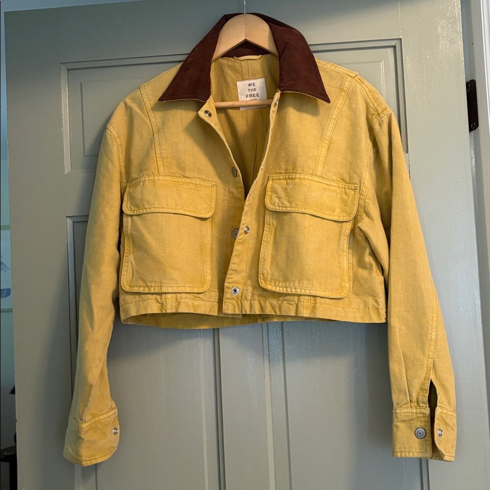 Free People We The Free Cropped Martha Yellow Jacket with Brown Collar size XS - Picture 4 of 7